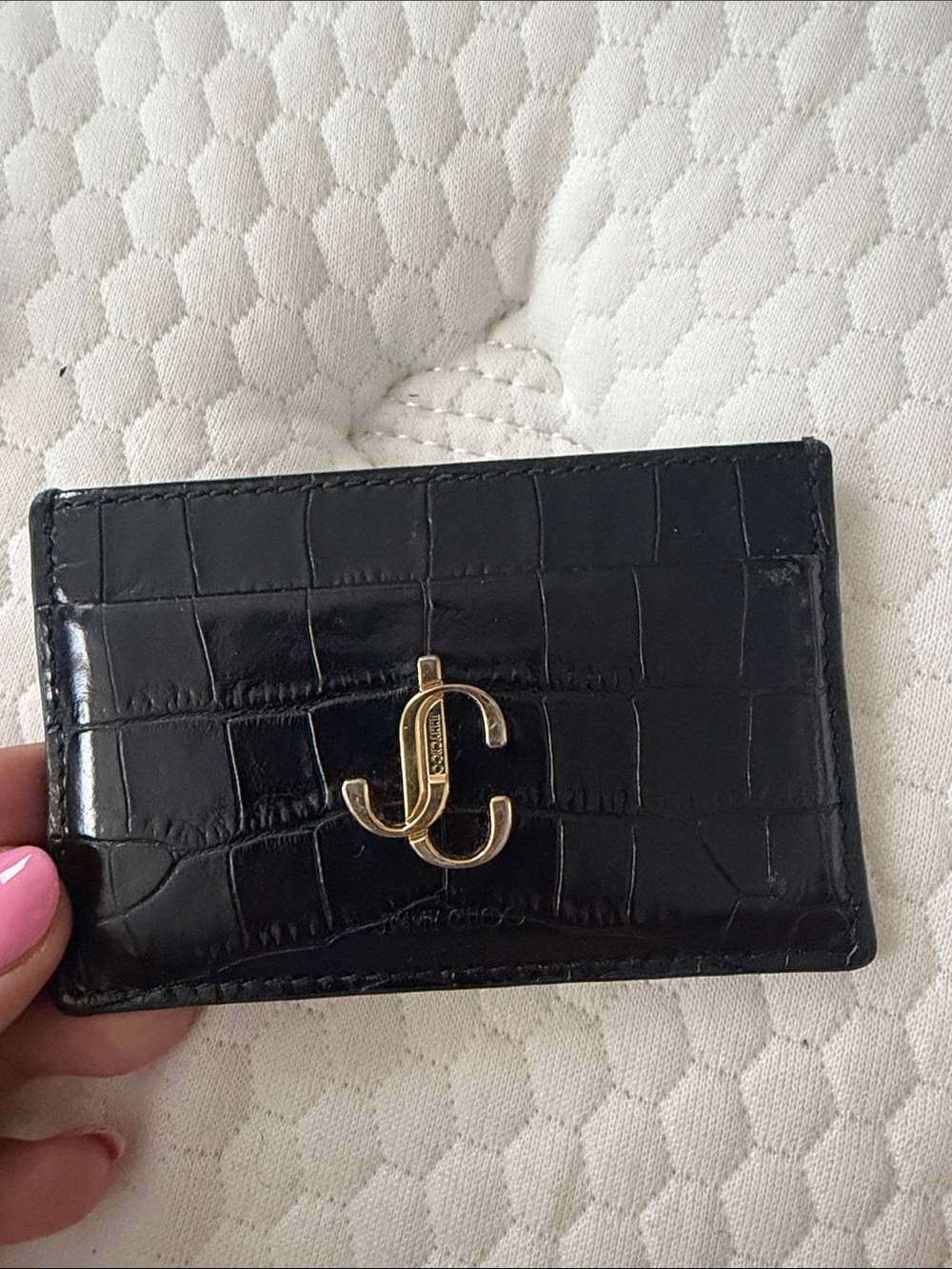 Black Croc-Embossed Card Holder with Gold Logo